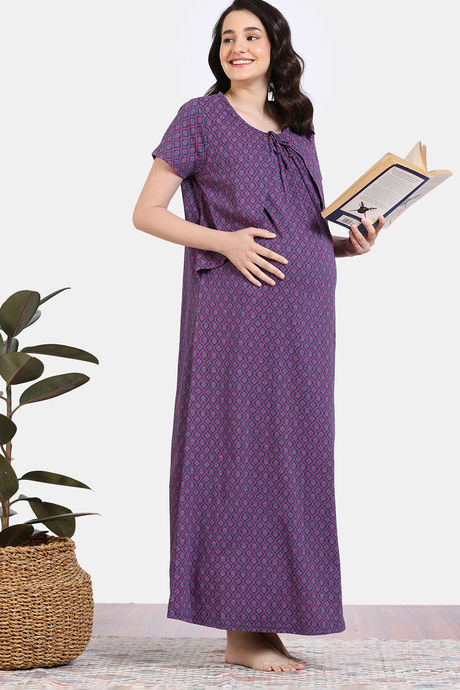Zivame Maternity Petal Dreams Knit Cotton Full Length Nightdress - Medieval Blue — image 4